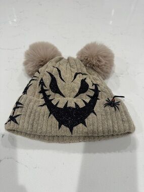 Women’s Beige Pom-Pom Beanie with Glitter OOGIE BOOGIE Face, Custom Design
